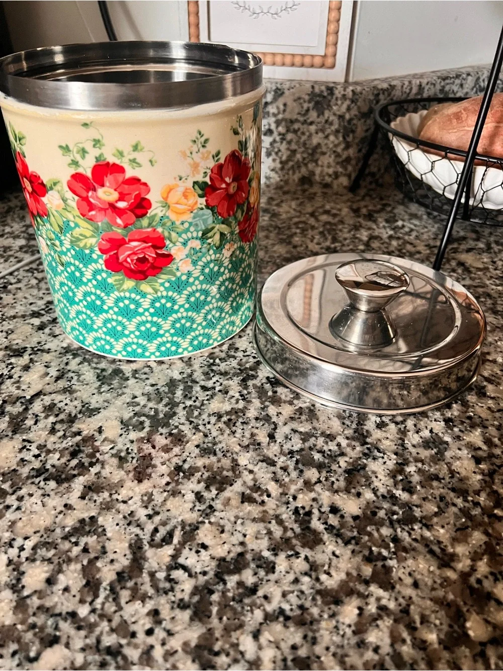 Pioneer Woman Treat Canister with Stainless Steel Lid - Red & Teal